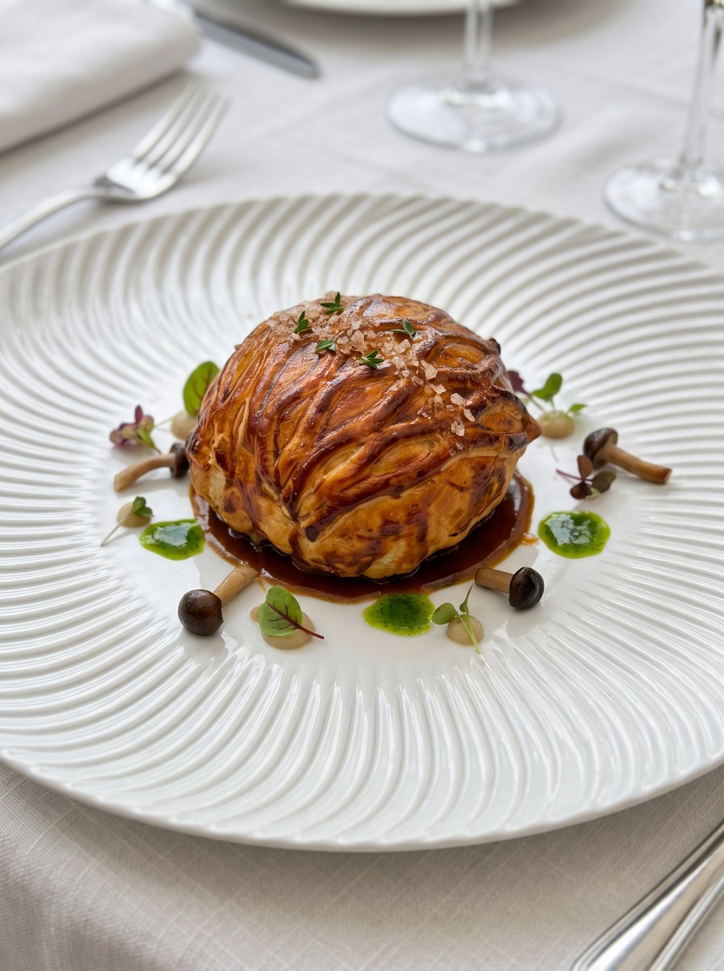 Puff pastry with mushrooms, reduced jus and herb oil