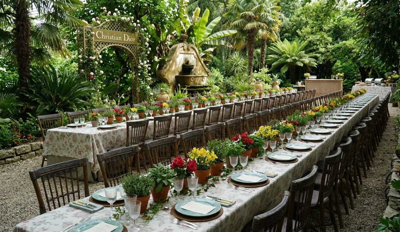 Garden banquet with an imperial table and flowers