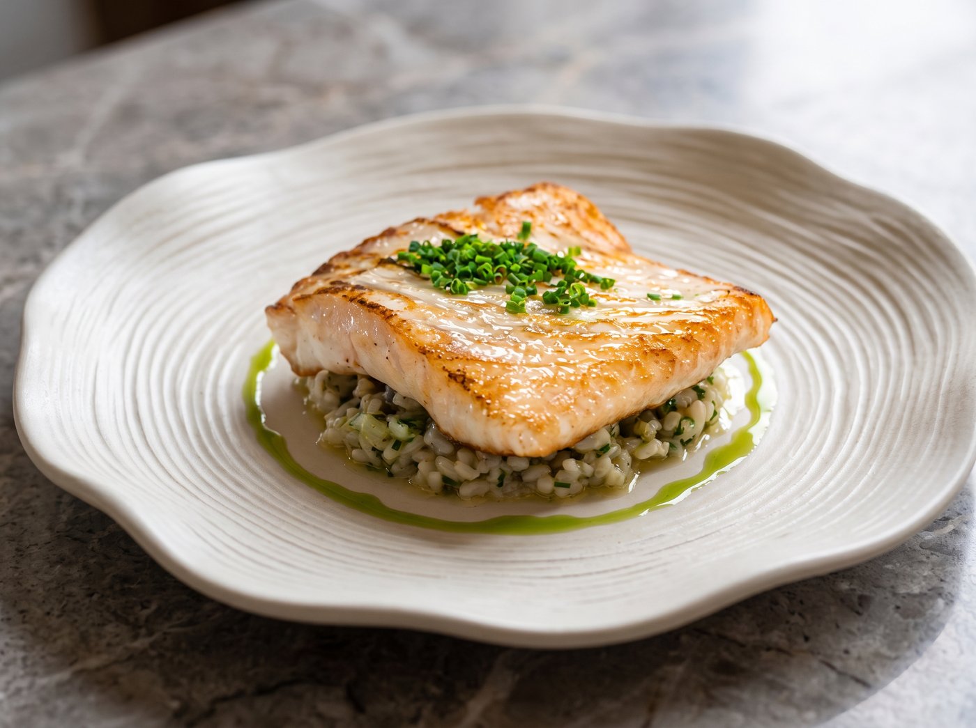 Fish loin on creamy rice with herb oil